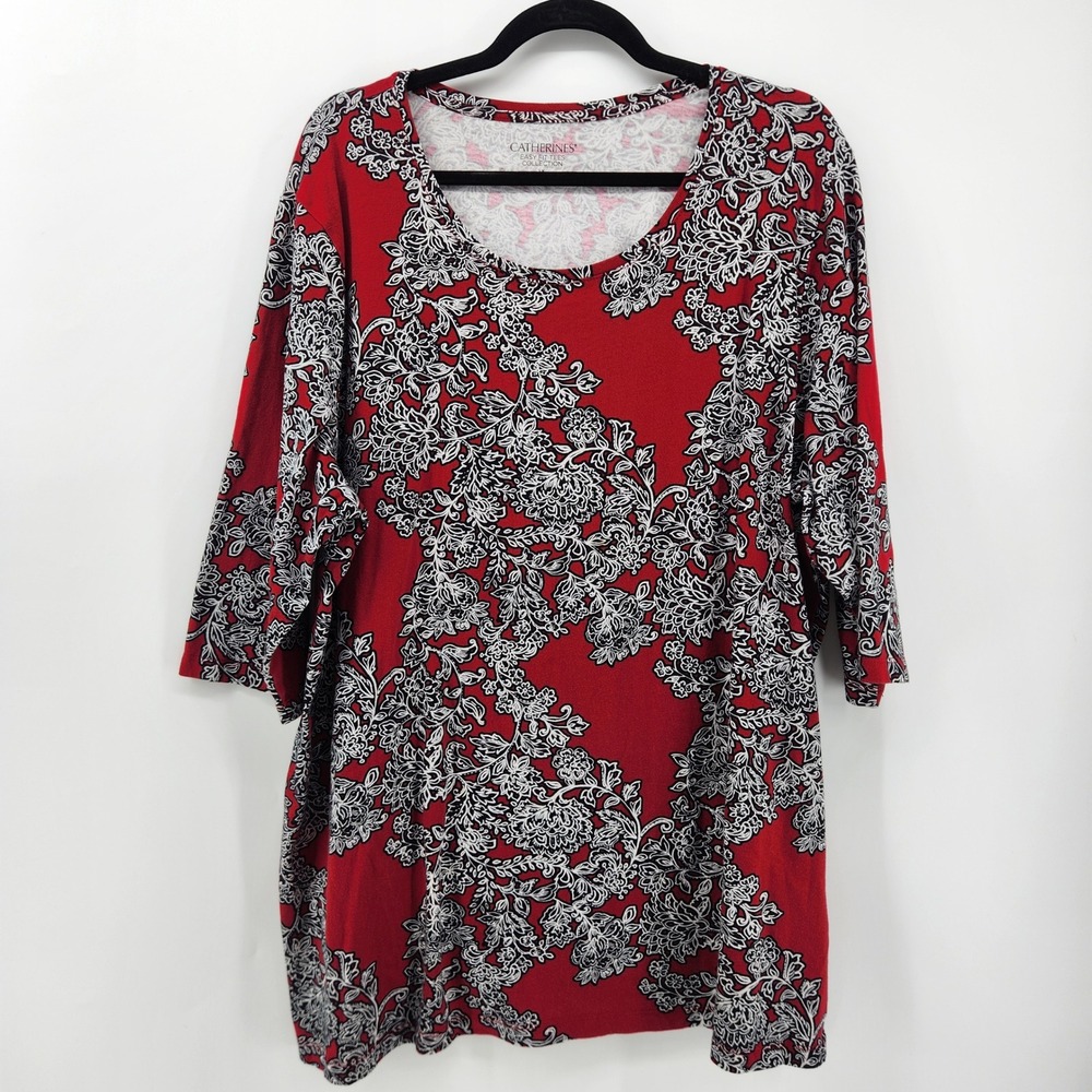 Catherines 1X Floral Print 3/4 Sleeve‎ Scoop Neck Easy Fit Tee Top Plus Size